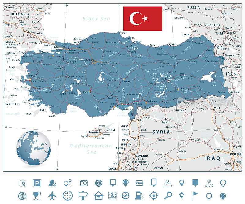 详细的土耳其道路矢量地图和导航图标