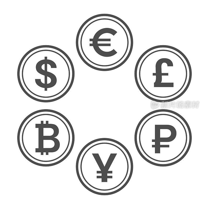 货币平面图标设置，线条风格矢量硬币