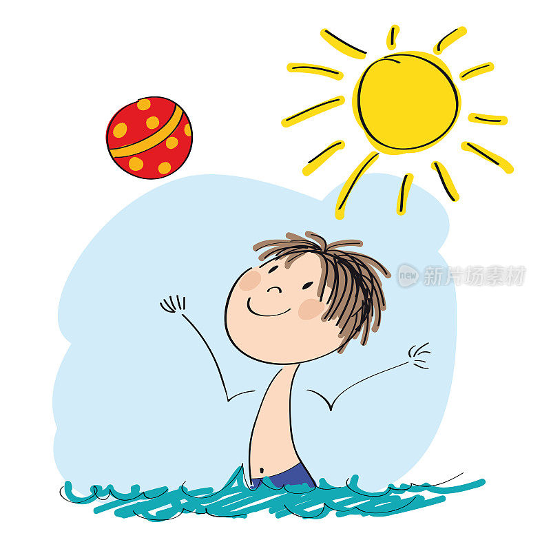 快乐的小男孩在水中玩球-原创手绘插图
