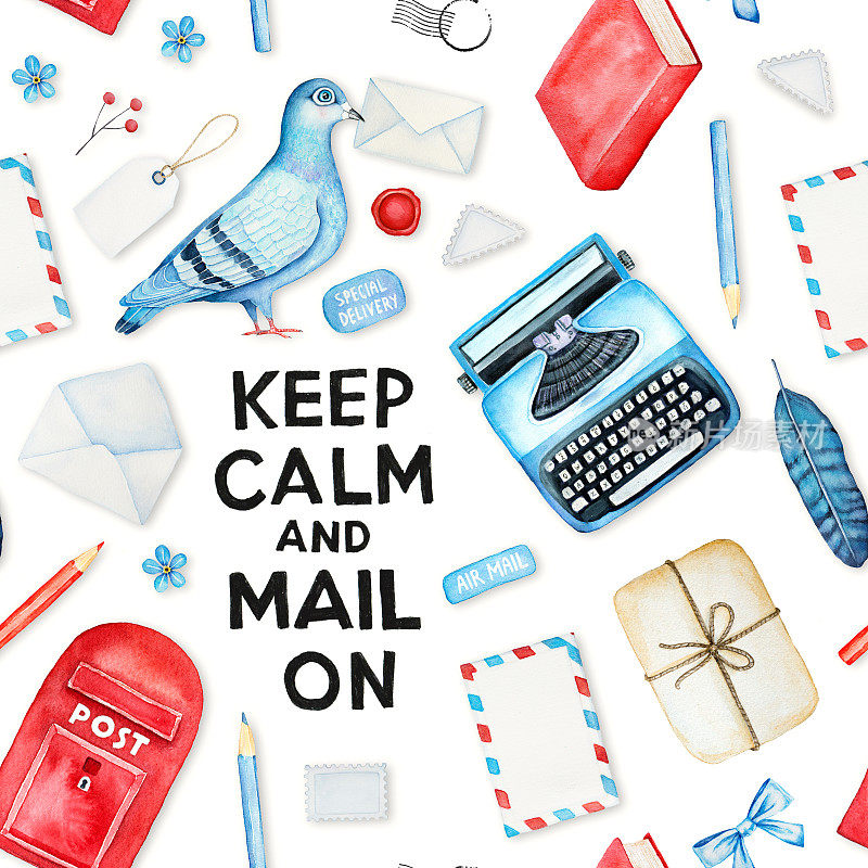 邮政主题无缝图案配合各种邮件发送元素，鸽子鸟，现代风格图形，保持冷静的动机口号引用。