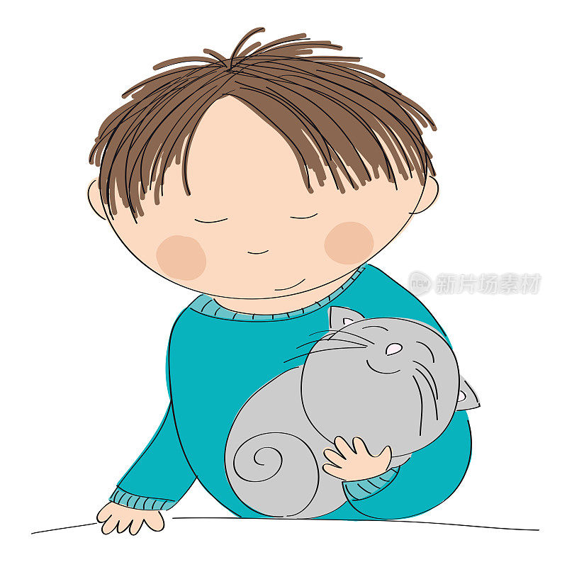 快乐的男孩抱着他的小灰猫-原创手绘插图