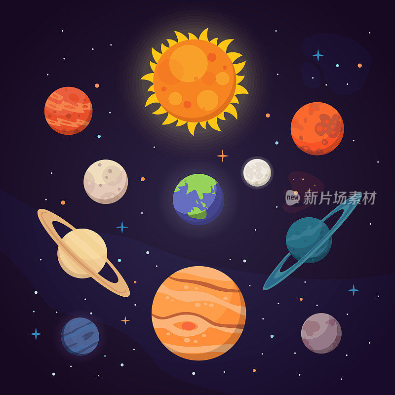 一组色彩鲜艳的行星。太阳系，有恒星的空间。可爱的卡通矢量插图。