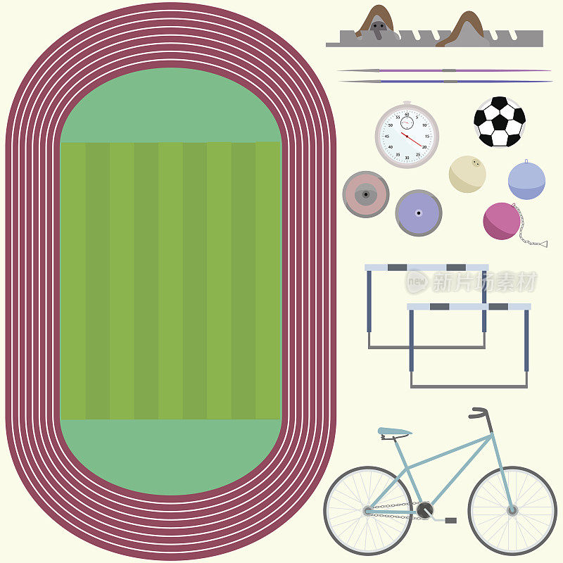 俯视图体育场，运动家具，自行车，铁饼，矛，足球，秒表，平面图像