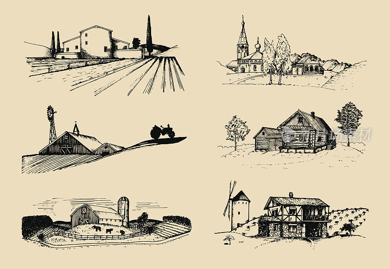 矢量农场景观插图设置。田野和山丘上的别墅、宅基地的草图。俄罗斯的农村。