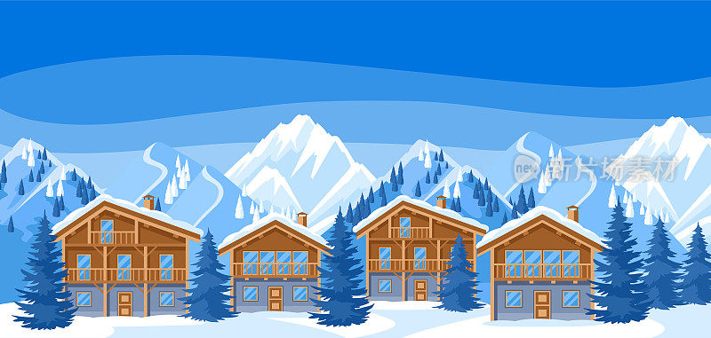 高山别墅的房子。冬季度假胜地插图。美丽的风景有雪山和冷杉林