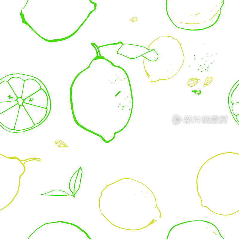 柠檬，一片柠檬，一片柑橘植物的叶子，种子。手绘线性无缝图案。矢量插图。