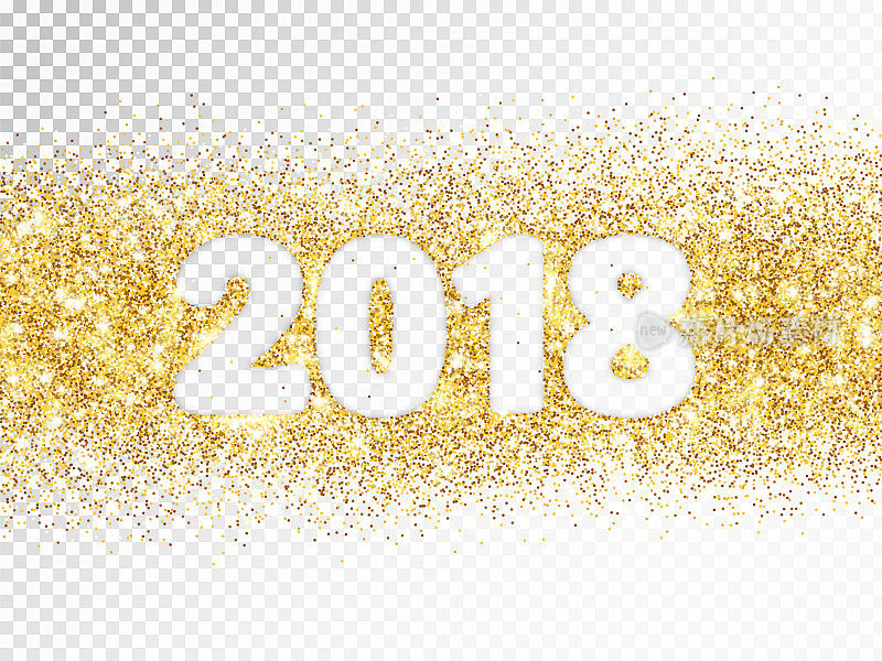 2018年发光字体孤立在透明背景。金色闪烁的矢量尘埃矩形与数字。