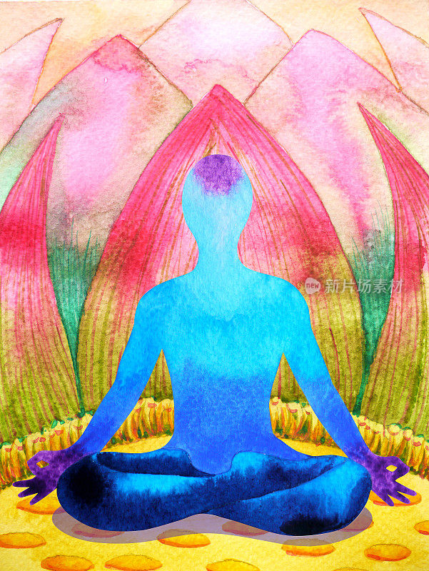 蓝色脉轮人体莲花姿势瑜伽，抽象世界，你心中的宇宙精神，水彩画插图设计手绘
