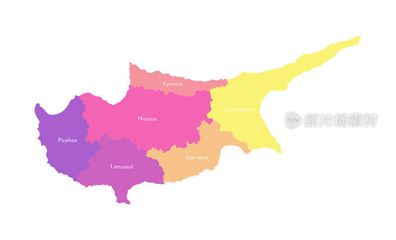 塞浦路斯简化行政地图矢量孤立插图。地区(地区)的边界和名称。多彩色剪影