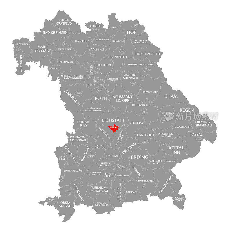 因戈尔施塔特市县在德国巴伐利亚地图上的红色高亮显示
