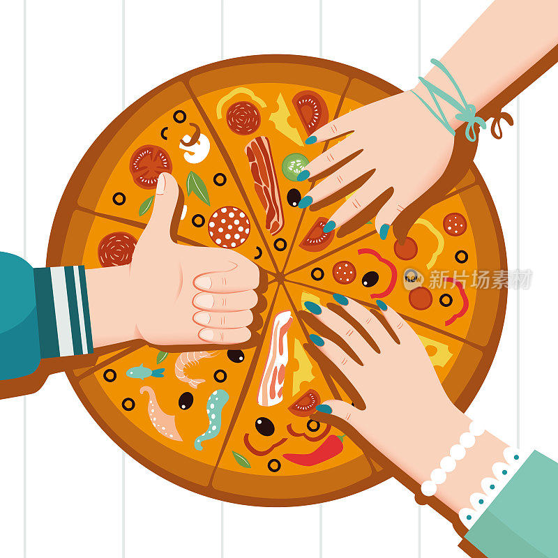 圆形大混合披萨，切片三角形，意大利餐厅菜单，快餐食品配料的披萨。各种口味的披萨。每一件都有自己的味道。家庭聚会。与朋友共进晚餐。每个人都拿一块