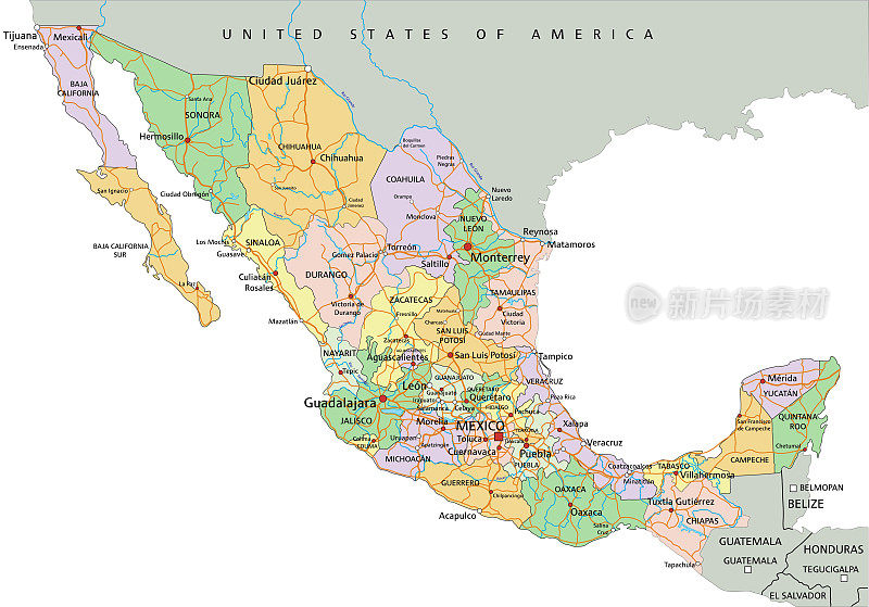 墨西哥-高度详细的可编辑的政治地图与标签。