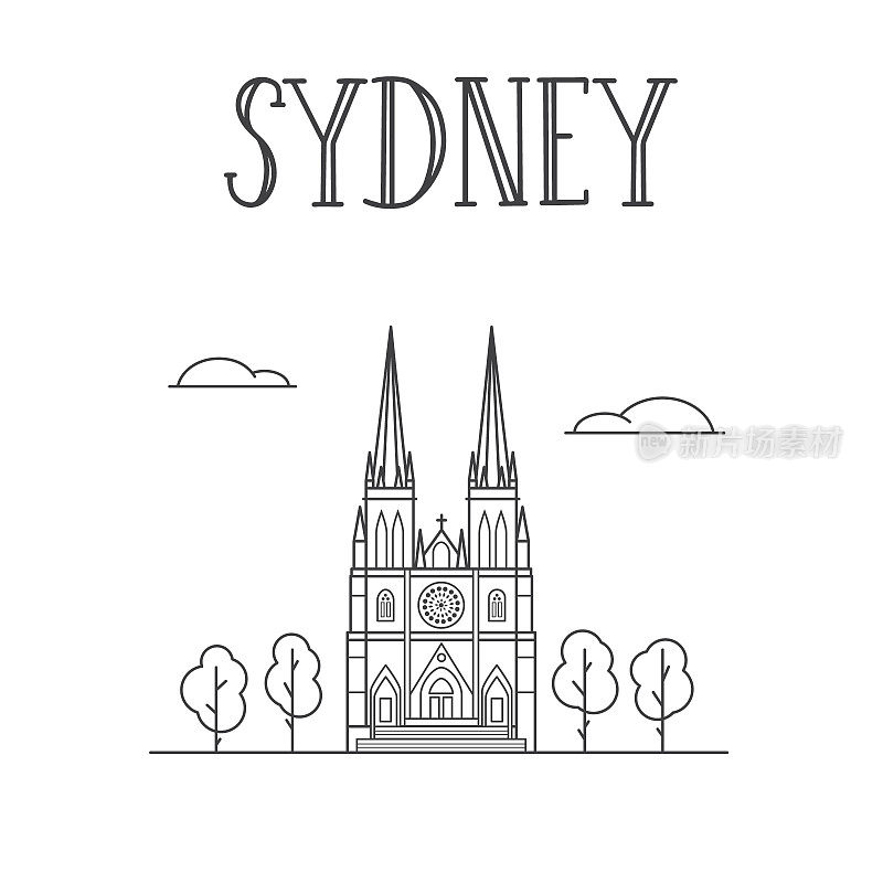 悉尼城市教堂线艺术插图。