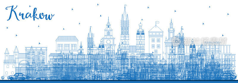 波兰克拉科夫的蓝色建筑轮廓线。