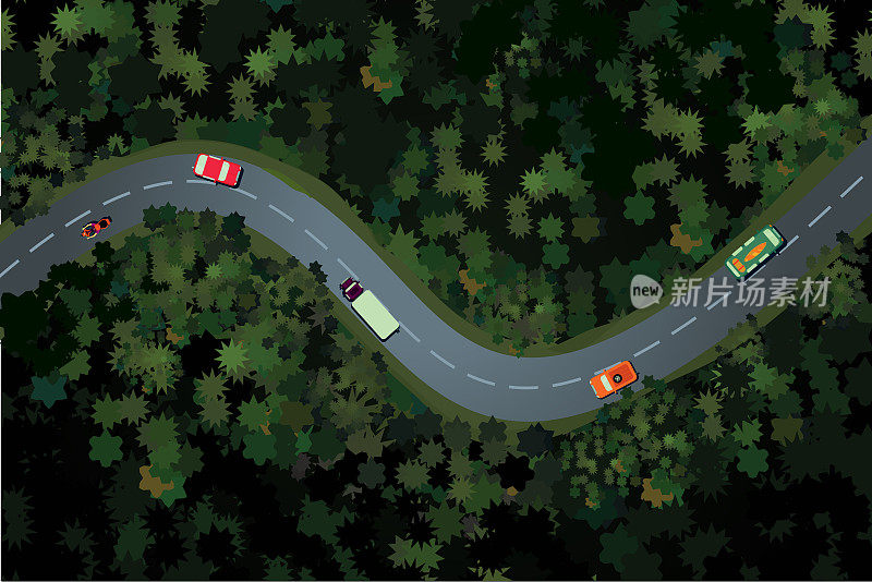 森林道路与汽车的俯视图。乡村公路，风景秀丽。假日旅游矢量卡通插图。