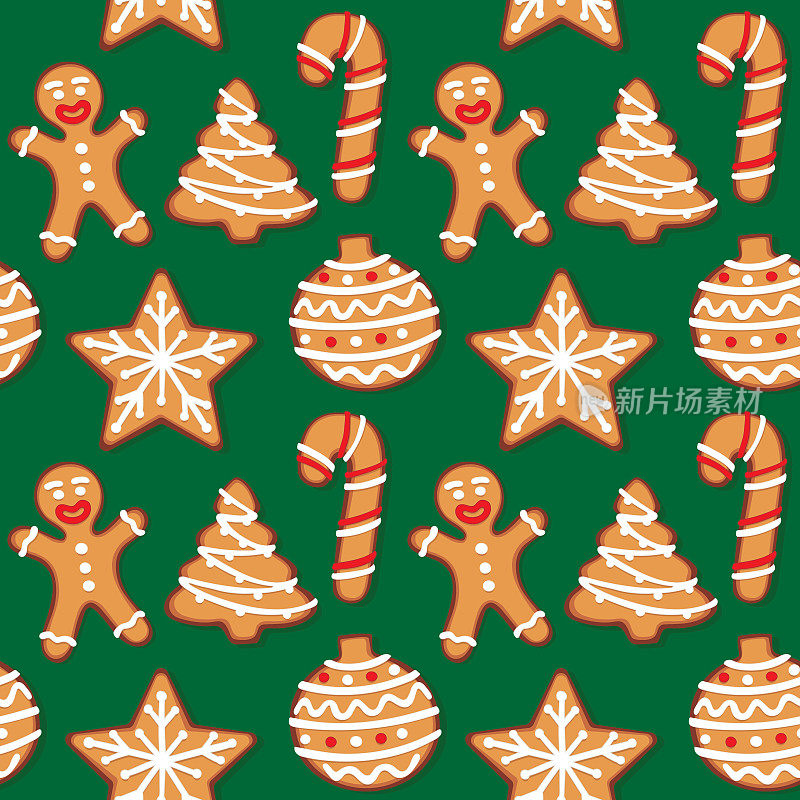 无缝姜饼圣诞饼干图案，绿色背景