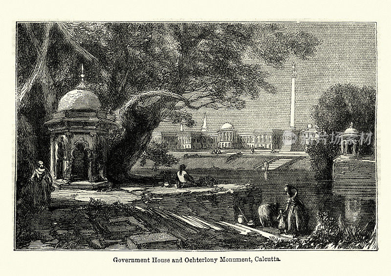 政府大楼和Ochterlony纪念碑，加尔各答，19世纪