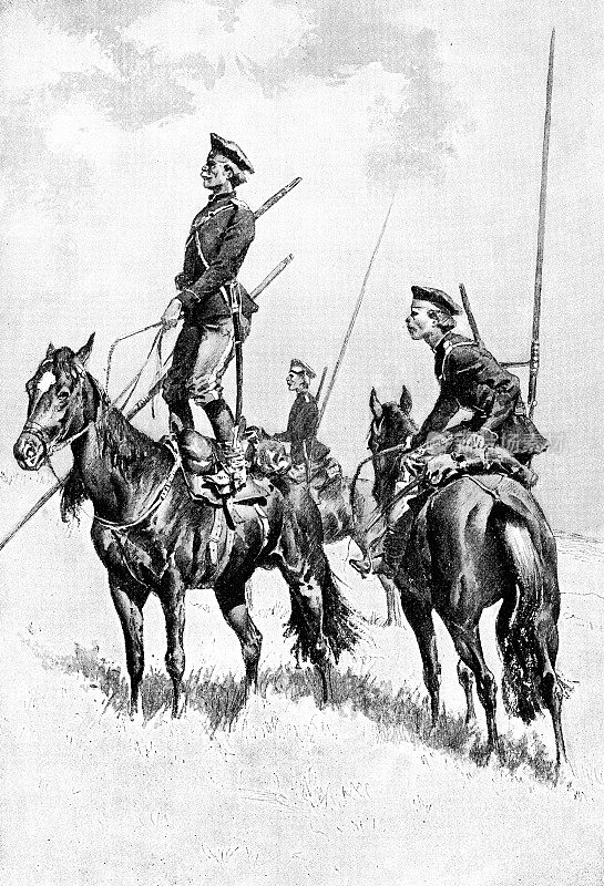 19世纪，在俄国农村进行侦察的哥萨克骑兵