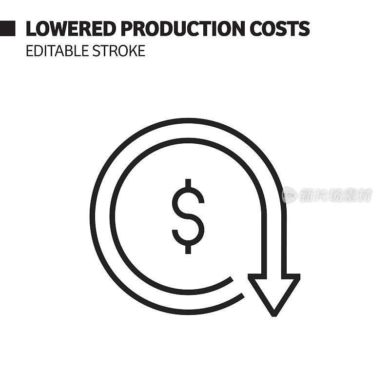 降低生产成本线图标，轮廓矢量符号插图。完美像素，可编辑的描边。