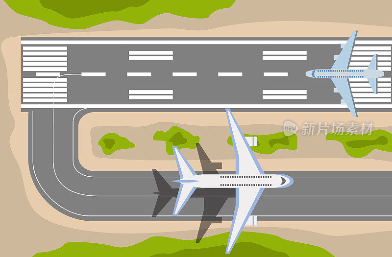 飞机在机场跑道上滑行俯视图矢量图在平坦的风格。