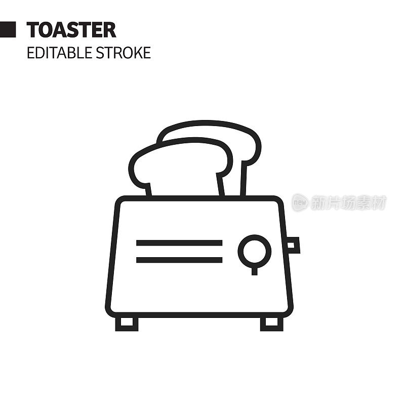 烤面包机线图标，轮廓矢量符号插图。完美像素，可编辑的描边。
