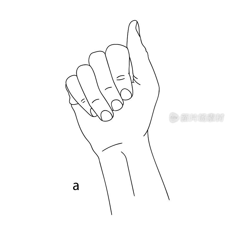 A是手语字母表中的第一个字母。矢量图形孤立图像的手与手指紧握成拳头。一只手的黑白画。聋哑人的语言