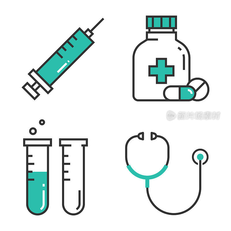 医学的图标集。采购产品药瓶，听诊器，注射器，试管和医疗保健概念矢量设计在白色的背景。