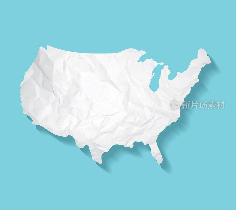 美国地图或皱巴巴的白纸纹理的美国