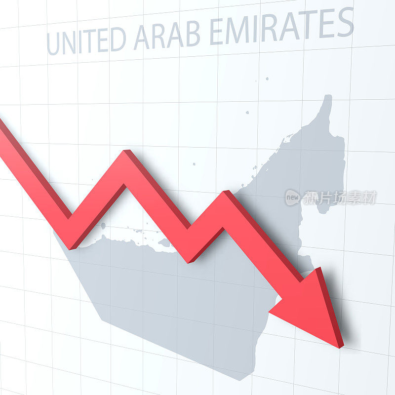 下落的红色箭头与阿拉伯联合酋长国的地图在背景上