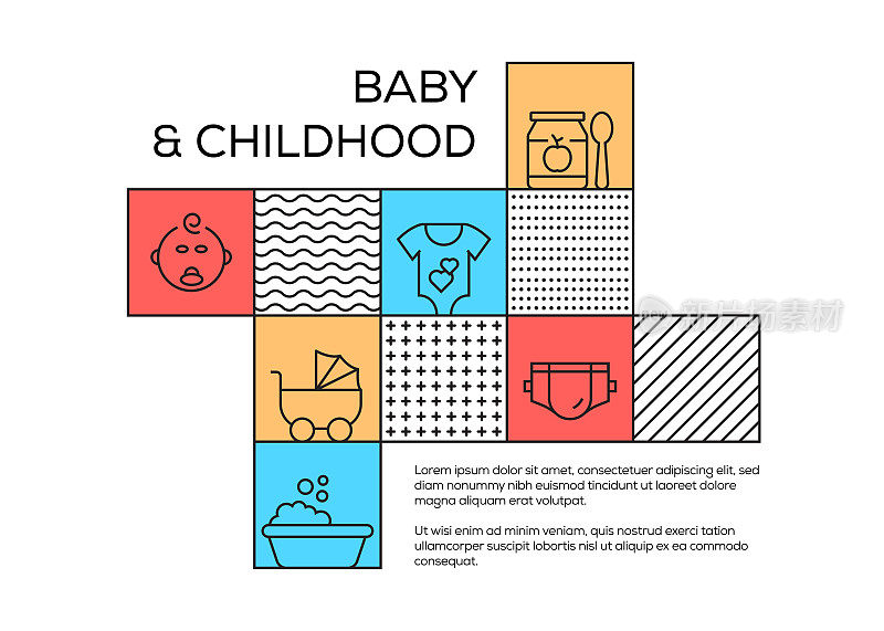 婴儿和母亲相关孟菲斯风格设计与线图标。简单的符号图标。