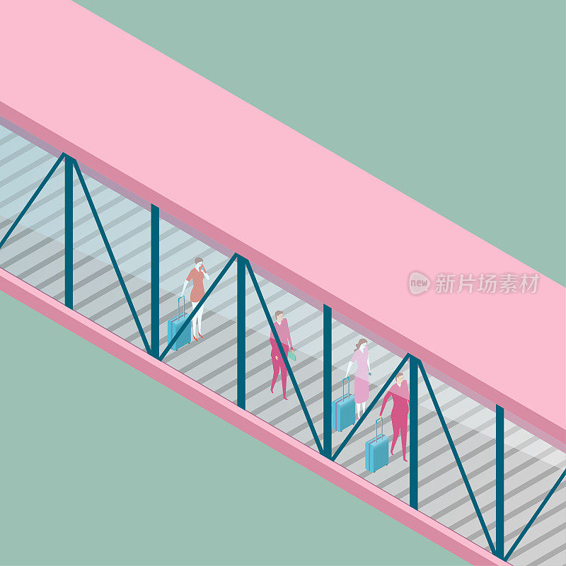 登机桥矢量图,从上面观察角度。一群人正在登机。