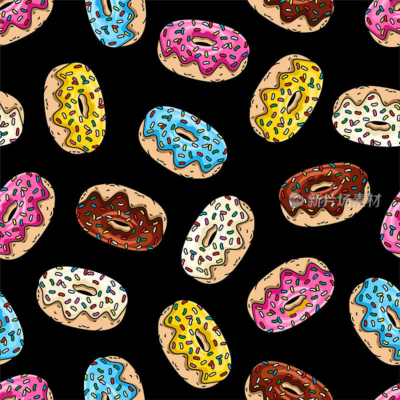 粉釉甜甜圈，巧克力甜甜圈，柠檬，蓝色薄荷甜甜圈的黑色背景。无缝模式。织物，包装，墙纸的纹理。装饰印刷