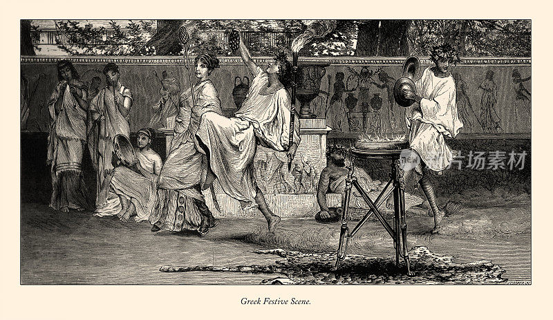 年份，希腊节日场景，英国维多利亚版画，1875年