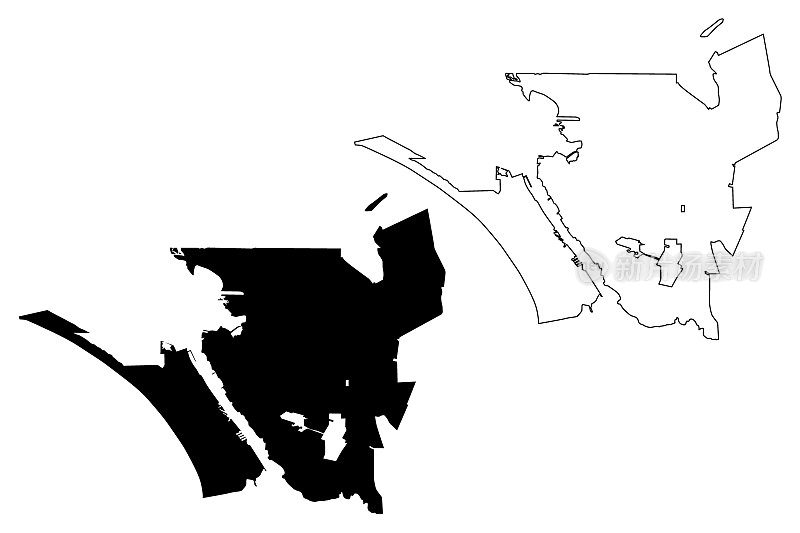 美国加利福尼亚州瓦列霍市(美国城市，美国城市)地图矢量插图，涂鸦草图瓦列霍市地图
