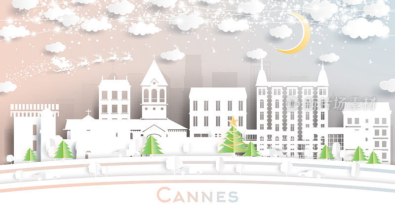 剪纸风格的法国戛纳城市天际线与雪花，月亮和霓虹灯花环。