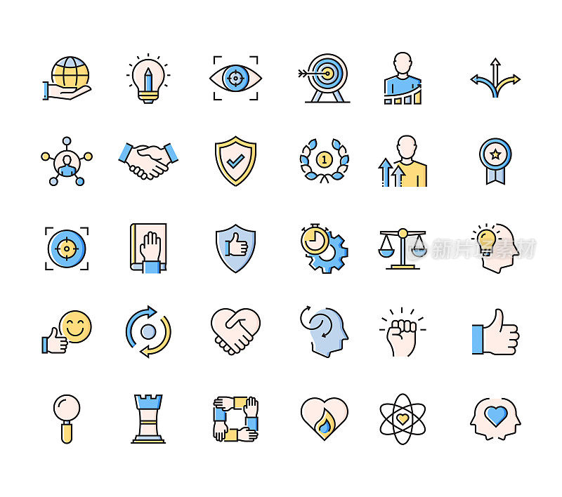 核心价值相关的线图标，轮廓矢量符号说明。