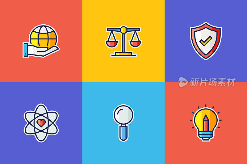 核心价值相关的平面线图标，轮廓向量符号插图。