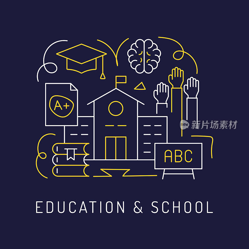 教育和学校概念，现代线条艺术图标背景。线性风格矢量插图。