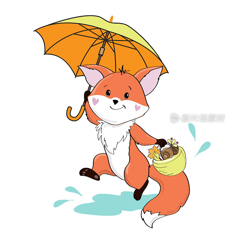 滑稽的狐狸带着黄色的雨伞在白色背景的水坑里奔跑