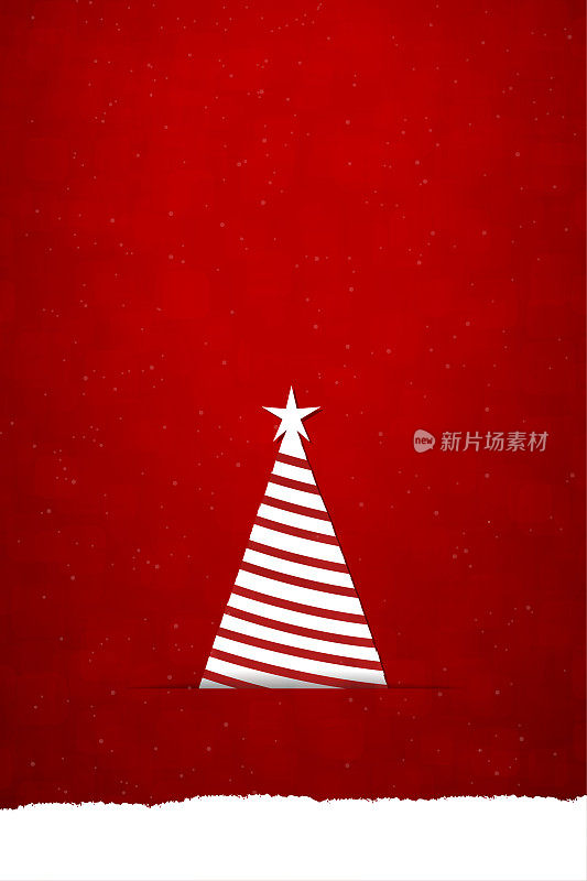 在栗色的圣诞背景上，一棵白色三角形的圣诞树被剪成了一条狭缝，顶部有一颗星星