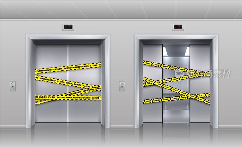 故障电梯关闭进行维修或保养。客货电梯真实的半打开舱门。门口用黑色和黄色的警告带，矢量插图