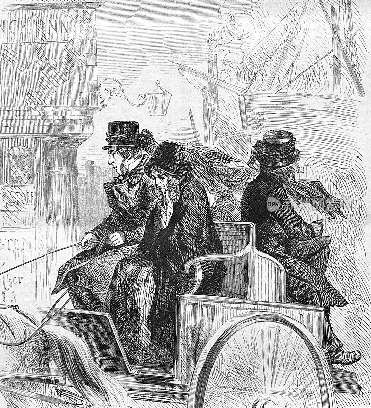 伦敦交通:坐在马车夫身上哀悼的女人
