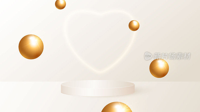 一个极简主义的场景，米色的圆柱形讲台和飞行的金色小球。化妆产品的展示场景，陈列室。向量