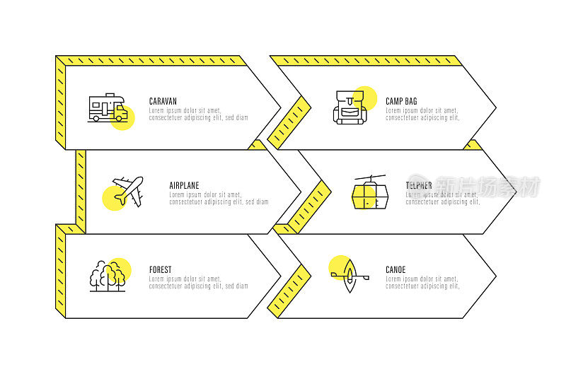 信息图表设计模板。大篷车，飞机，森林，野营袋，Telpher，独木舟图标与6个选项或步骤。
