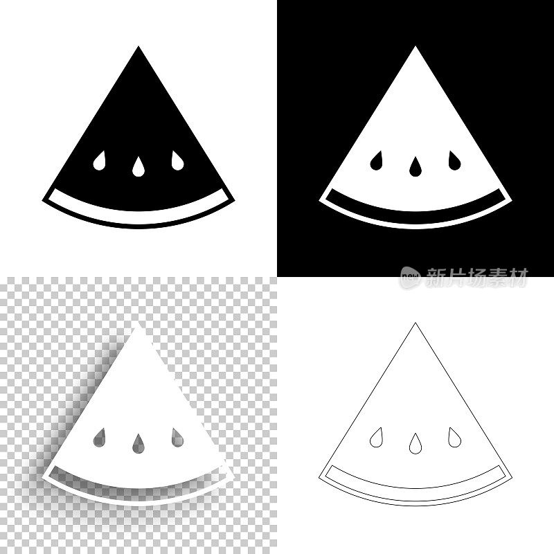 片西瓜。图标设计。空白，白色和黑色背景-线图标