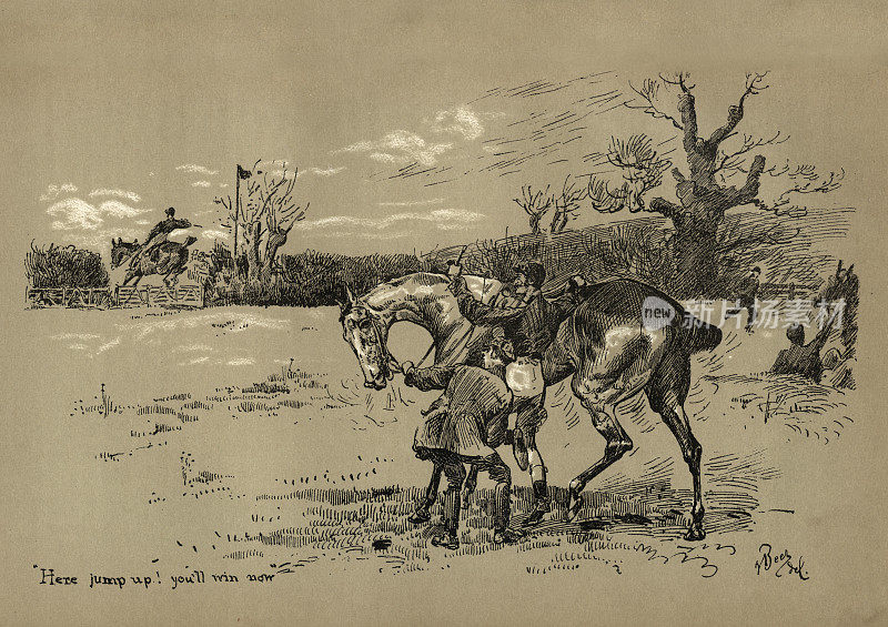 越野马术障碍赛，19世纪维多利亚时代的骑手帮助上马