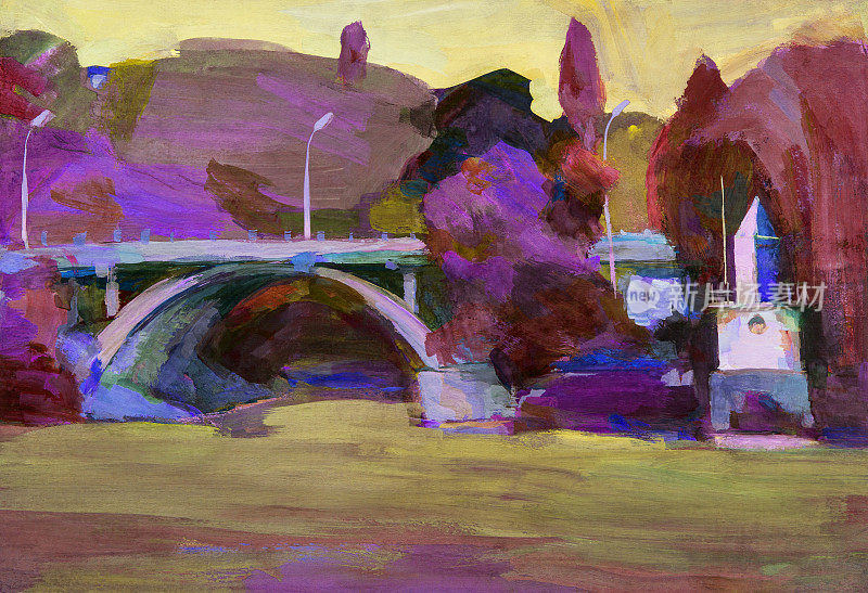 插图油画风景石桥在河的山坡上，绿草如茵，树木对着天空和河流
