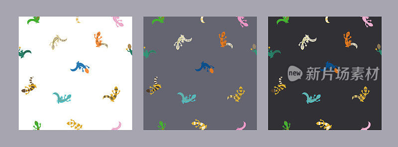 蜥蜴无缝模式设置在白色，灰色和黑色的背景。彩色平面爬行动物矢量插图纺织，墙纸或包装纸