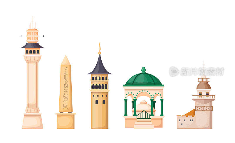 土耳其乡村建筑地标。Beyazit塔，少女塔，伊斯坦布尔的埃及方尖碑。伊斯坦布尔著名地标加拉塔。伊斯坦布尔苏丹艾哈迈德广场上的德国喷泉