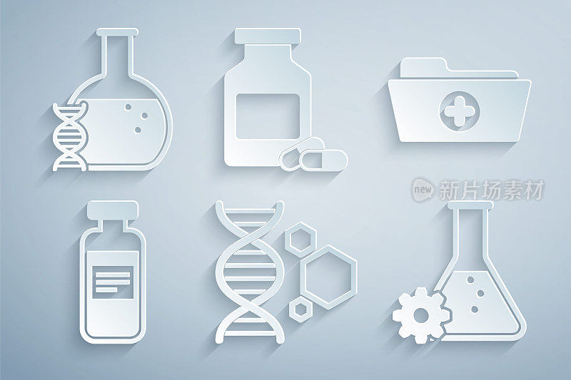 设置基因工程，健康记录文件夹，医药瓶，安瓿，生物工程，医药瓶和药丸和DNA研究，搜索图标。向量